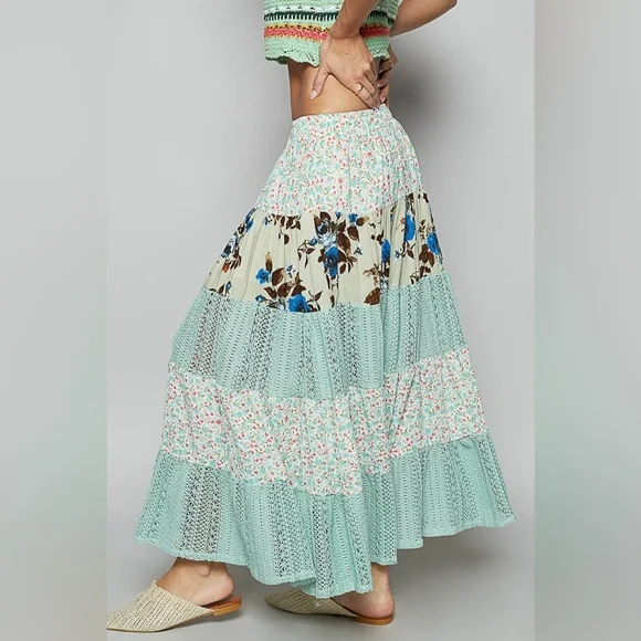 *Free Gift* POL Floral Patchwork Maxi Skirt - Mint and Cream - Picture 1 of 4